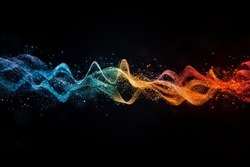 Poster - Dynamic, colorful light waves dancing against a dark background, representing energy and creativity in vibrant, abstract, and futuristic visual style.