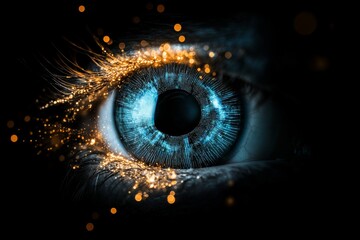 Poster - A close-up of a digital eye with vibrant blue and orange illumination, showcasing intricate details and conveying a sense of technology and vision.