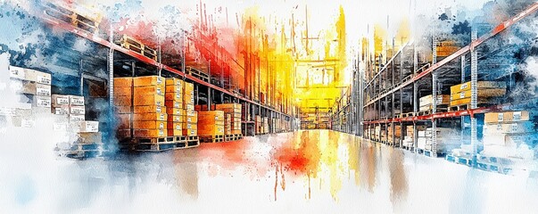 Poster - Bright and Spacious Warehouse Interior with Shelves and Boxes, Ideal for Logistics, Distribution, and Supply Chain Illustrations and Concepts