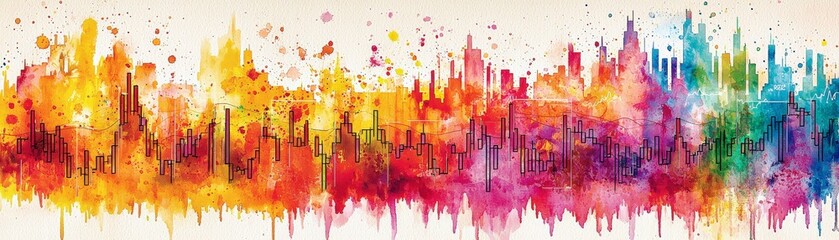 Poster - Vibrant Abstract Cityscape in Watercolor Style with Colorful Streaks and Energetic Brush Strokes Representing Urban Life and Creativity