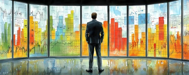 Poster - Businessman Analyzing Financial Data in Modern Office with Large Charts and Graphs on Glass Walls for Strategic Planning and Decision Making