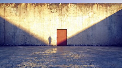 Poster - Shadow Cast on Grungy Wall by Doorway with Natural Light Creating Dramatic Atmosphere and Adding Depth to Urban Setting