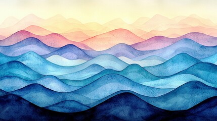Poster - Serene Watercolor Landscape with Soft Rolling Waves in Pastel Hues of Pink, Blue, and Yellow for Tranquil Backgrounds and Artistic Projects