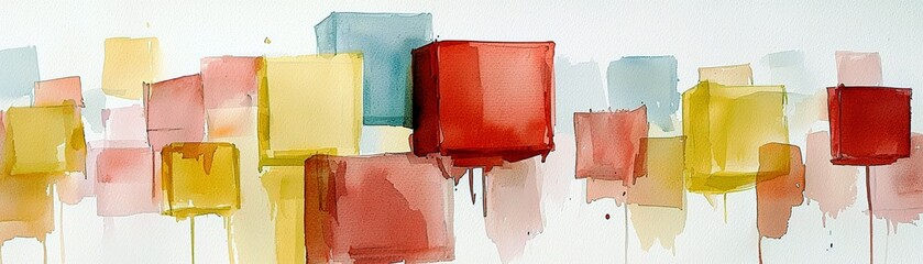 Poster - Abstract watercolor blocks in vibrant hues of red, yellow, teal and soft pastel colors, creating a dynamic visual texture in modern art style