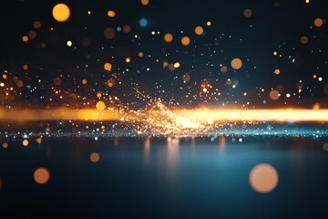 Poster - The image features a dynamic burst of abstract particles with vibrant blue and orange light effects, creating a sense of motion and energy in a dark background.