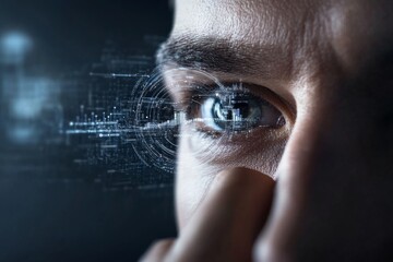 Poster - A detailed close-up of a human eye augmented with digital interface graphics, representing the convergence of human vision and digital technology in modern society.