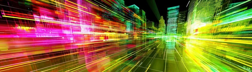 Fototapete - Abstract city skyline with vibrant light trails and dynamic colors creating a sense of movement and modernity in an urban environment at night