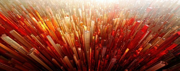 Poster - Abstract Landscape of Vertical Structures Bathed in Orange and Red Light with Jagged Forms Creating a Dramatic Scene of Depth and Dimension