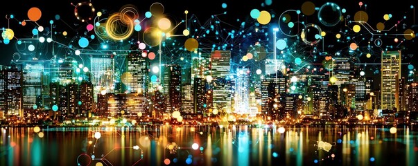 Poster - Abstract city skyline at night with colorful lights and digital network connections creating a futuristic vibe