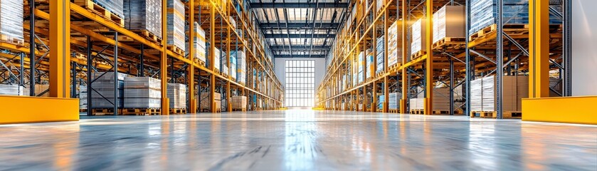 Poster - Spacious warehouse interior with high shelves displaying boxes and bright windows illuminating the organized storage area for logistics and distribution operations.