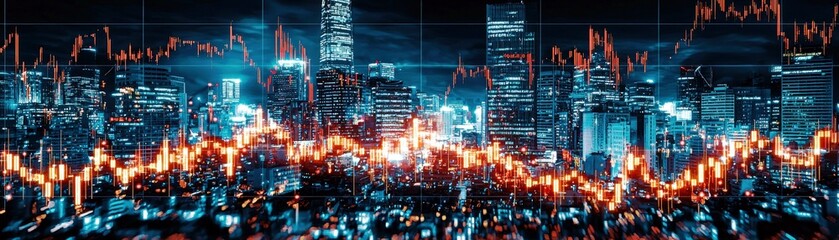 Poster - Futuristic City Skyline with Financial Chart and Data Visualization Elements at Night in Neon Colors
