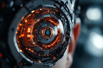 Poster - Close-up of a futuristic mechanical eye with glowing orange elements, symbolizing innovation and the blend of technology with human vision.