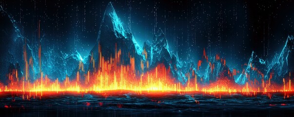 Poster - Vibrant and Futuristic Sound Wave Visualization Over Mountain Landscape with Bright Colors and Abstract Elements for Creative Projects