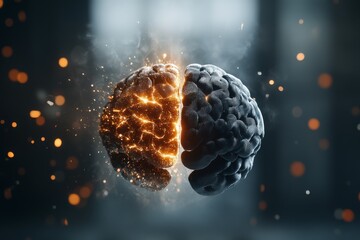 Poster - A highly detailed image of a brain, half illuminated with vibrant sparks, representing creativity and intelligence in the human mind's electric charge.