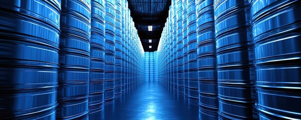 Poster - Empty Industrial Warehouse with Rows of Metal Drums in a Blue-Tinted Ambient Light Setting for Urban and Modern Aesthetic Photography