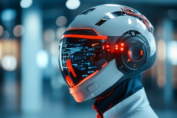 Poster - Close-up of a person in a modern helmet with digital interface, showcasing advanced technology and sleek design, suggesting a sci-fi future and innovation.