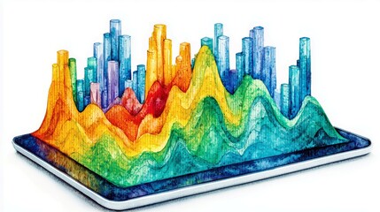 Poster - Colorful 3D Data Visualization on a Tablet Screen with Vibrant Peaks and Valleys Representing Complex Analytical Trends and Patterns in Digital Format