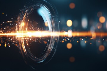 Poster - An abstract, futuristic lens is surrounded by swirling dynamic orange and golden lights with bokeh effects, capturing motion, technology, and innovation.