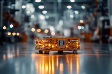 Poster - An industrial robot sits illuminated on a production floor under bright lights, showcasing advanced technology and modern manufacturing processes in action.