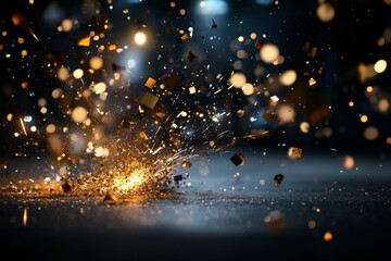 Poster - An explosion of golden particles creates a dynamic and vivid visual spectacle on a dark background, conveying energy and celebration.