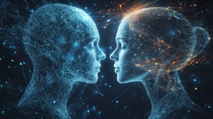 Two digital human silhouettes face each other, surrounded by glowing particles, symbolizing connection and the fusion of technology and humanity.