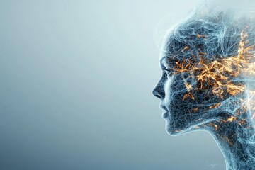 Poster - A digital illustration portrays a stylized face intertwined with vibrant electric lines, symbolizing the merge of human consciousness and technological advancement.
