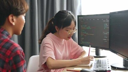 Slow motion back end software developer engineer for computer programming working together on debugging writing computing code, solving complex algorithms display on monitor in office. Burgeoning