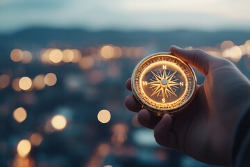 a close-up of a hand holding a compass with glowing lights in the background, symbolizing direction 