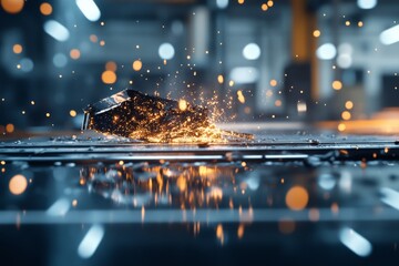 Poster - A piece of machinery amidst flying sparks in a factory setting, highlighting the vibrant energy and industrial precision of metalworking processes in action.