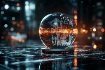 Poster - A glowing digital globe with intricate patterns floats, reflecting abstract city lights in a futuristic setting, symbolizing global connectivity and urban innovation.