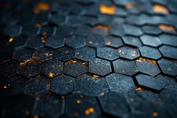 Poster - A detailed close-up image showcasing a textured hexagonal pattern with subtle orange highlights, creating a captivating abstract geometric design full of depth.