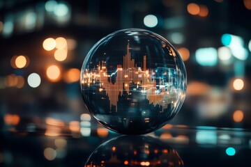 Poster - A digital glass sphere encapsulating financial data represented as glowing graphs, capturing modern finance and data technology in a futuristic setting.