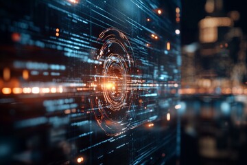 Poster - An intricate digital matrix features glowing lines and circular patterns, evoking themes of technology, connectivity, and cybernetic networks in a virtual cityscape.