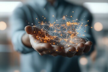 Poster - A pair of hands cups a glowing network of interconnected nodes, representing the concept of connectivity, technology, and the digital universe.