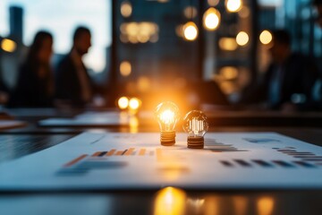 Poster - A modern business meeting scene featuring two bright light bulbs on a table with documents showing graphs, suggesting innovative ideas and collaboration.