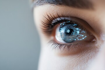Poster - A close-up of an eye reflecting digital data, symbolizing technology, insight, and the convergence of human capability with advanced digital trends and innovations.