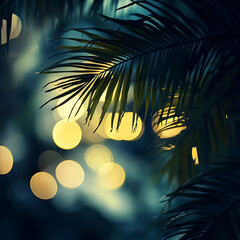 Aufkleber - Bokeh lights amidst lush green palm leaves tropical garden nature photography evening serenity close-up view for seo impact
