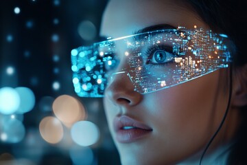 Poster - A close-up of a woman wearing high-tech virtual reality glasses displaying a cityscape, representing innovation, technology, and the future of digital immersion.