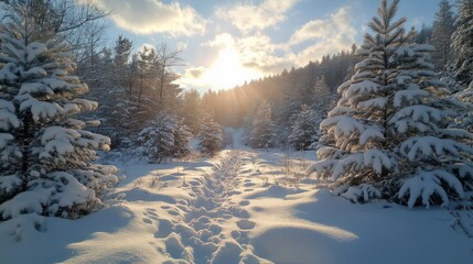 Sticker - Snowy Mountain Landscape with Fir Trees and Sunlight