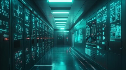 Poster - A futuristic corridor filled with glowing data screens and technology interfaces.