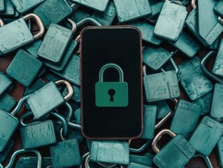 Poster - Securing digital privacysmartphone lock symbol amidst padlocks technology cybersecurity close-up digital security concept