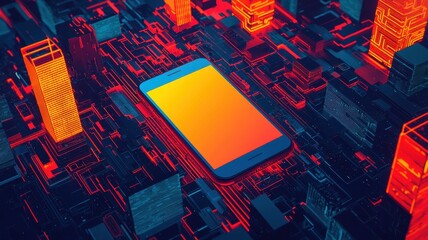 Poster - Innovative smartphone technology displayed in futuristic urban landscape digital art night view high-tech concept