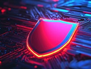 Poster - Cybersecurity actionshield symbol on digital circuit board technology environment futuristic viewpoint for online safety awareness
