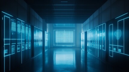 Poster - A futuristic corridor with glowing lines and digital displays, suggesting a high-tech environment.
