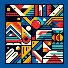 Fototapete - A vibrant geometric pattern featuring a variety of shapes such as triangles, circles, and squares. The pattern is composed of bold, contrasting colors like red, blue, yellow, and green.