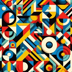 Fototapete - A vibrant geometric pattern featuring a variety of shapes such as triangles, circles, and squares. The pattern is composed of bold, contrasting colors like red, blue, yellow, and green.