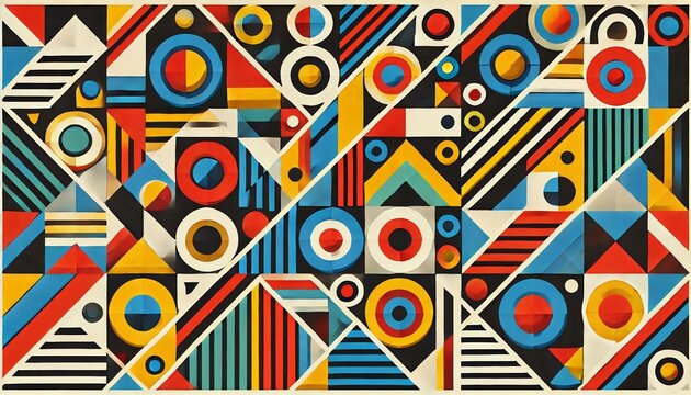 A vibrant geometric pattern featuring a variety of shapes such as triangles, circles, and squares. The pattern is composed of bold, contrasting colors like red, blue, yellow, and green.