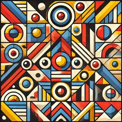 Fototapete - A vibrant geometric pattern featuring a variety of shapes such as triangles, circles, and squares. The pattern is composed of bold, contrasting colors like red, blue, yellow, and green.