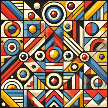 A vibrant geometric pattern featuring a variety of shapes such as triangles, circles, and squares. The pattern is composed of bold, contrasting colors like red, blue, yellow, and green.