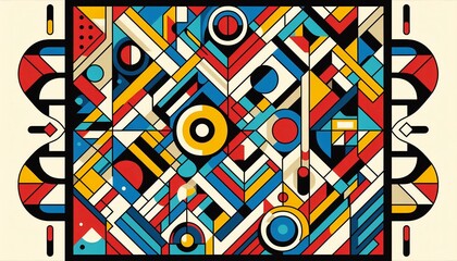 Fototapete - A vibrant geometric pattern featuring a variety of shapes such as triangles, circles, and squares. The pattern is composed of bold, contrasting colors like red, blue, yellow, and green.